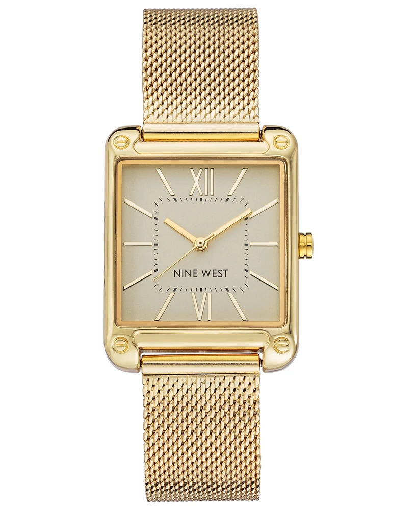 Nine West Women's Quartz Rectangular Gold-Tone Stainless Steel Mesh Band Watch, 29mm