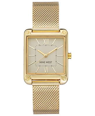 Nine West Women's Quartz Rectangular Gold-Tone Stainless Steel Mesh Band Watch, 29mm