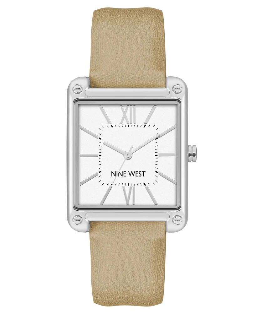 Nine West Women's Quartz Square Tan Faux Leather Band Watch, 29mm - Tan, Silver