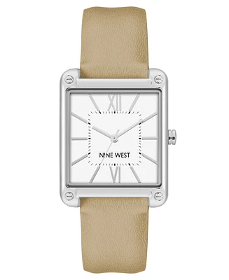 Nine West Women's Quartz Square Tan Faux Leather Band Watch, 29mm - Tan, Silver