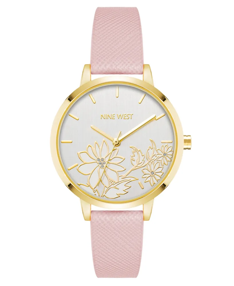 Nine West Woman's Quartz Pink Faux Leather Band and Floral Pattern Watch, 36mm - Pink, Gold