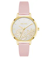 Nine West Woman's Quartz Pink Faux Leather Band and Floral Pattern Watch, 36mm - Pink, Gold