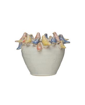 Stoneware Planter with Birds On Rim, Reactive Glaze