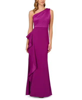 Adrianna Papell One-Shoulder Satin-Trim Draped Gown