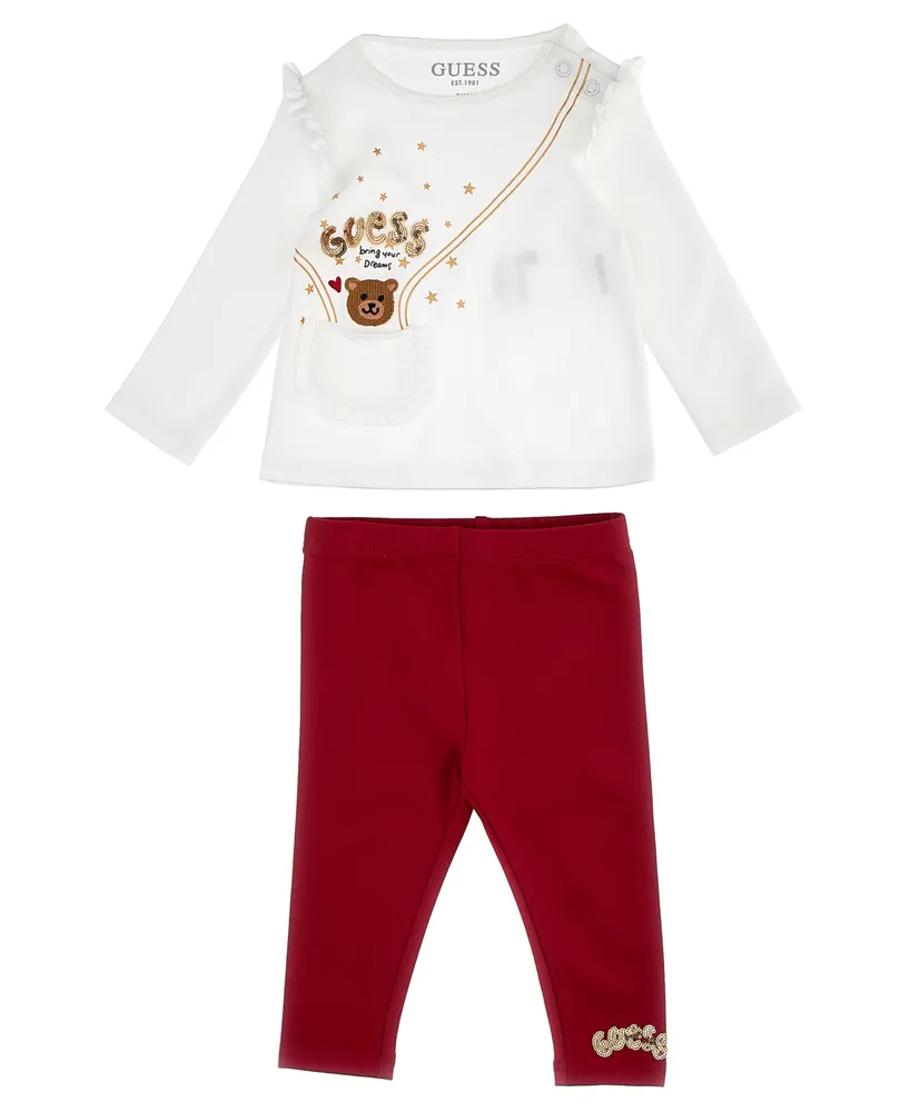 Guess Baby Girls Interlock Embroidered Pocket Bear and Sequin Artwork Top and Leggings, 2 Piece Set