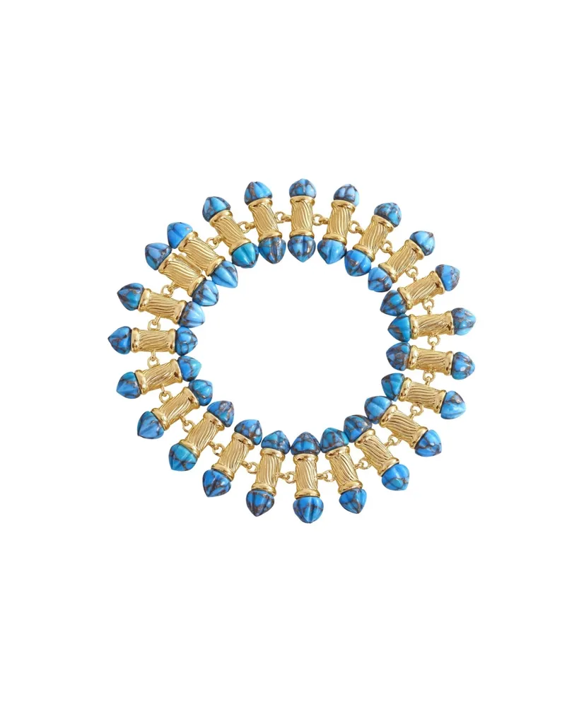 LuvMyJewelry Twisted Rays Design Turquoise Gemstone Yellow Gold Plated Silver Women Bracelet