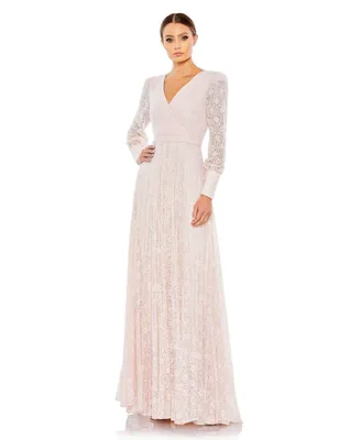 Women's Beaded Lace Long Sleeve Wrap Over Gown