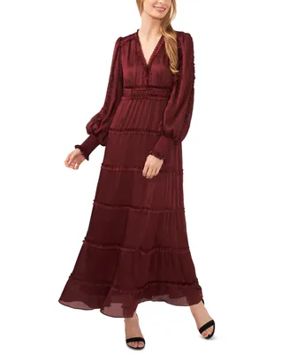 CeCe Women's Long Sleeve Plisse Ruffle Maxi Dress