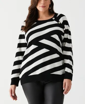 Ella Rafaella Plus Size Patterned Button Trim Long Sleeve Sweater