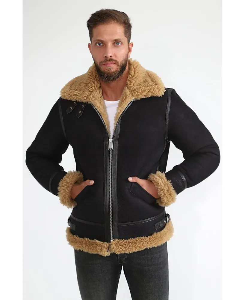 Furniq Uk Men's Shearling Aviator Jacket, Washed Brown with Ginger Curly Wool