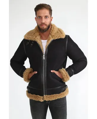 Men's Shearling Aviator Jacket, Washed Brown with Ginger Curly Wool