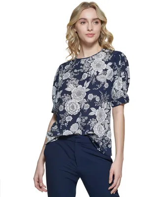 Tommy Hilfiger Women's Floral Cuffed Puff-Sleeve Blouse