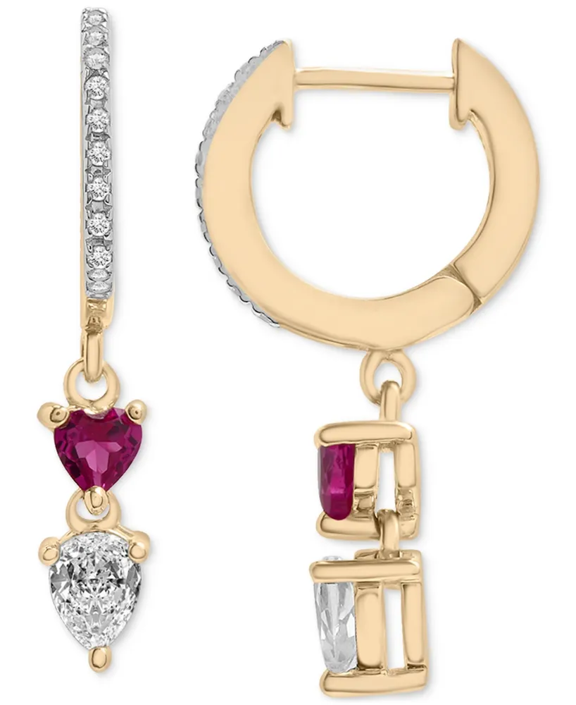Lab-Grown Ruby (3/8 ct. t.w.), Lab-Grown White Sapphire (3/8 ct. t.w.) & Diamond (1/20 ct. t.w.) Dangle Huggie Hoop Earrings in 14k Gold