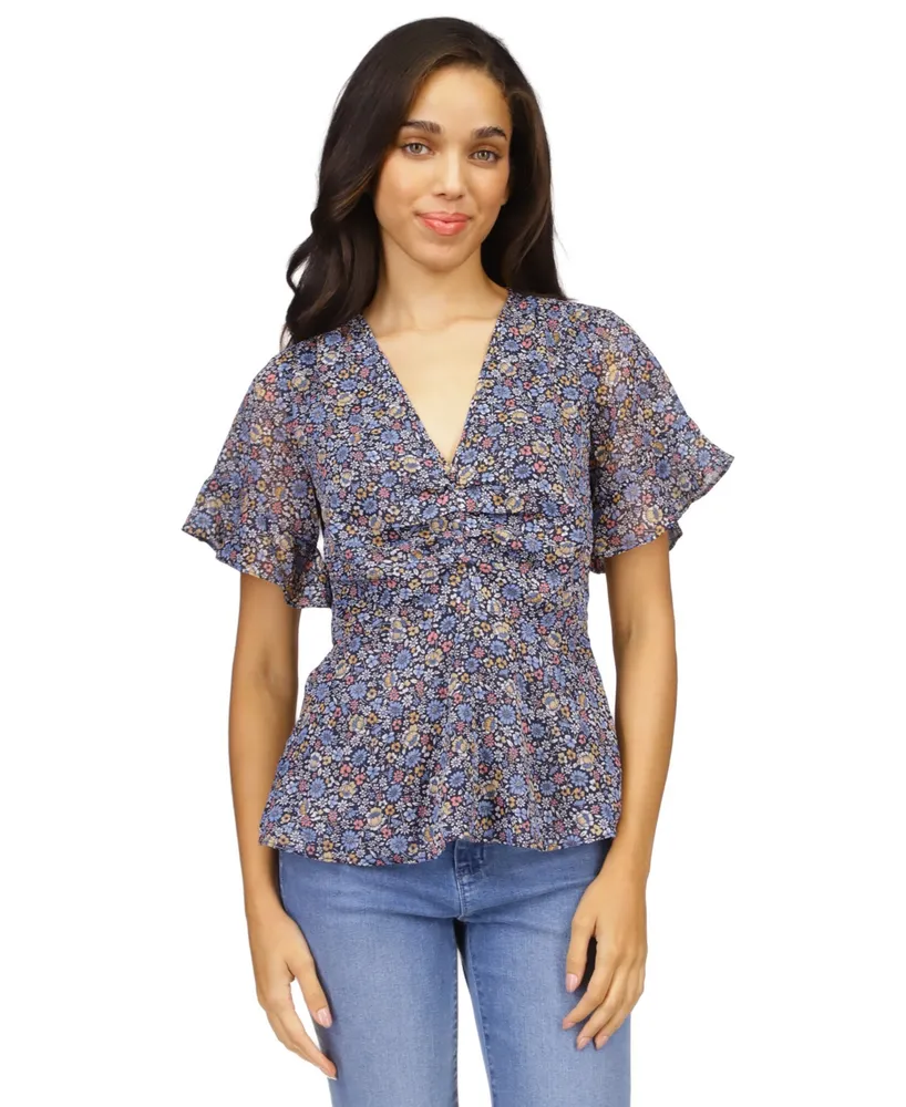 Michael Michael Kors Women's Floral-Print Flutter-Sleeve Top