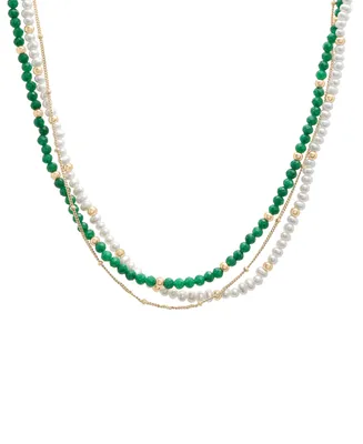 Cultured Freshwater Pearl (3 - 3-1/2mm), Jade, & Beaded Chain Triple Strand Layered Necklace in 14k Gold-Plated Sterling Silver, 16