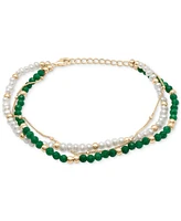 Cultured Freshwater Pearl (3 - 3-1/2mm), Dyed Jade, & Polished Bead Triple Layer Bracelet in 14k Gold-Plated Sterling Silver