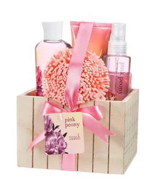 Freida and Joe Pink Peony Fragrance Bath & Body Spa Set in Natural Wood Plant Box Luxury Body Care Mothers Day Gifts for Mom