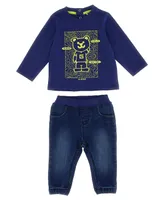 Guess Baby Boys Cotton Jersey with Rubberized Artwork Top and Stretch Denim Joggers, 2 Piece Set