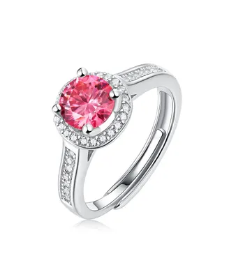Sterling Silver White Gold Plated with 1ctw Fancy Pink & White Lab Created Moissanite Halo Engagement Anniversary Adjustable Ring