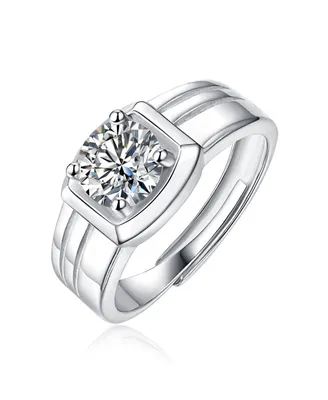 Stella Valentino Father's Day Special: Sterling Silver White Gold Plated with 1ct Round Lab Created Moissanite Solitaire Grooved Men Women Cool Annive