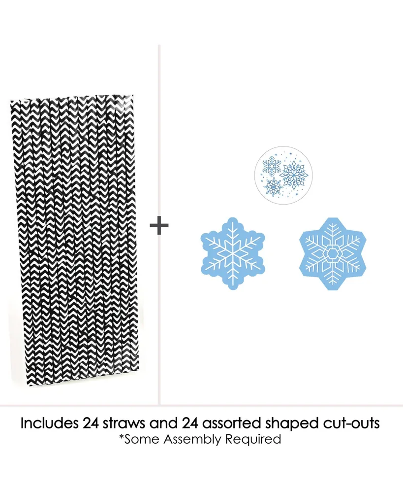 Blue Snowflakes Winter Holiday Party Striped Paper Decorative Straws - Set of 24