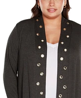 Belldini Plus Size Long Sleeve Grommet Trim Cardigan Sweater