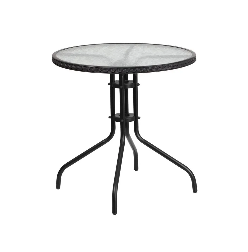 28" Round Tempered Glass Metal Table With Rattan Edging