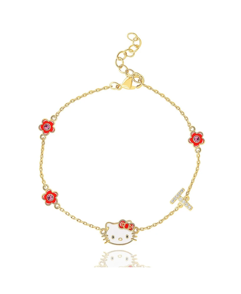 Sanrio Hello Kitty Womens Yellow Gold Plated Letter Bracelet - Cubic Zirconia Initial Bracelet - Officially Licensed
