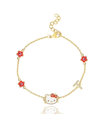 Sanrio Hello Kitty Womens Yellow Gold Plated Letter Bracelet - Cubic Zirconia Initial Bracelet - Officially Licensed