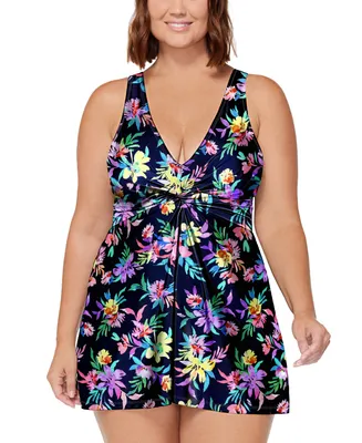 Island Escape Plus Magnolia Floral-Print Swim Dress, Created for Macy's