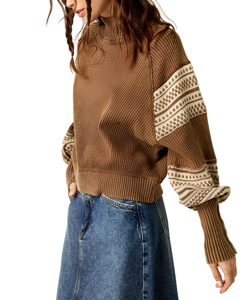 Free People Women's Get Cozy Patterned-Sleeve Sweater