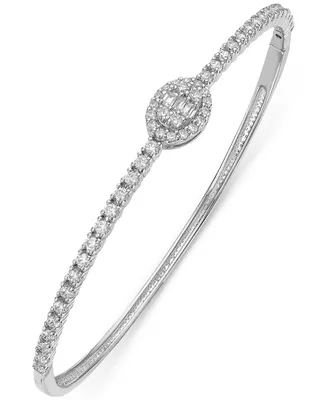 Diamond Baguette & Round Center Cluster Bangle Bracelet (1-1/2 ct. t.w.) in 14k White Gold