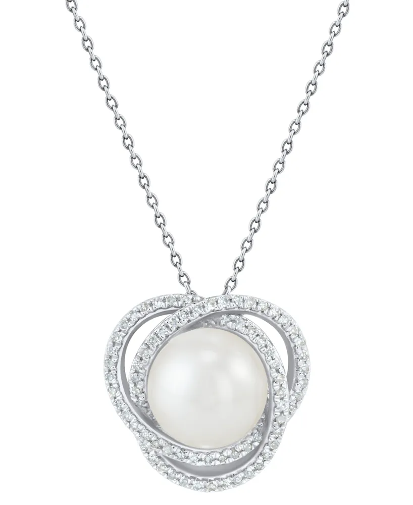 Honora Cultured Freshwater Pearl (8mm) & Diamond (1/6 ct. t.w.) Love Knot Pendant Necklace in 14k White Gold, 16" + 2" extender