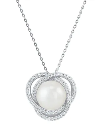 Honora Cultured Freshwater Pearl (8mm) & Diamond (1/6 ct. t.w.) Love Knot Pendant Necklace in 14k White Gold, 16" + 2" extender