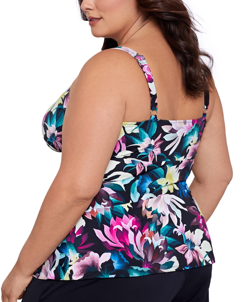 Swim Solutions Plus Floral-Print Tiered Tankini Top, Created for Macy's