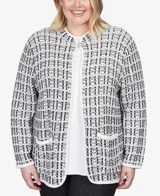 Alfred Dunner Plus World Traveler Knit Texture Jacket with Imitation Pearl Buttons
