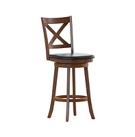 Sora Classic Wooden Crossback Swivel Bar Height Pub Stool With Upholstered Padded Seat And Integrated Footrest