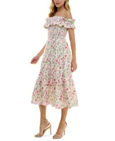 City Studios Juniors' Floral-Print Ruffled Off-The-Shoulder Midi Dress