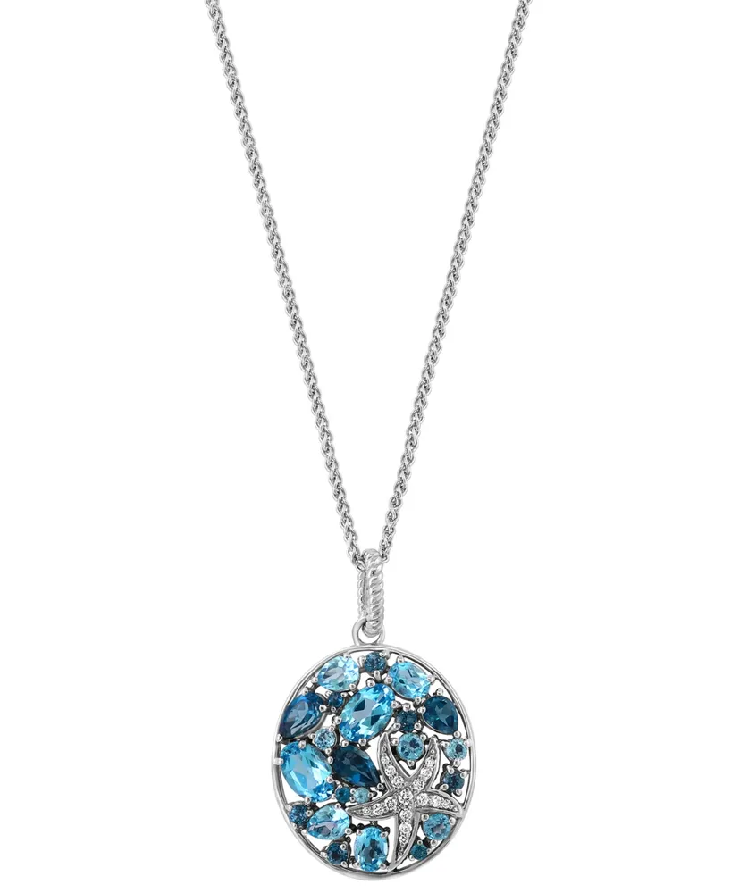 Effy Blue Topaz (3-3/8 ct. t.w.) & Diamond (1/10 ct. t.w.) Cluster 18" Pendant Necklace in Sterling Silver