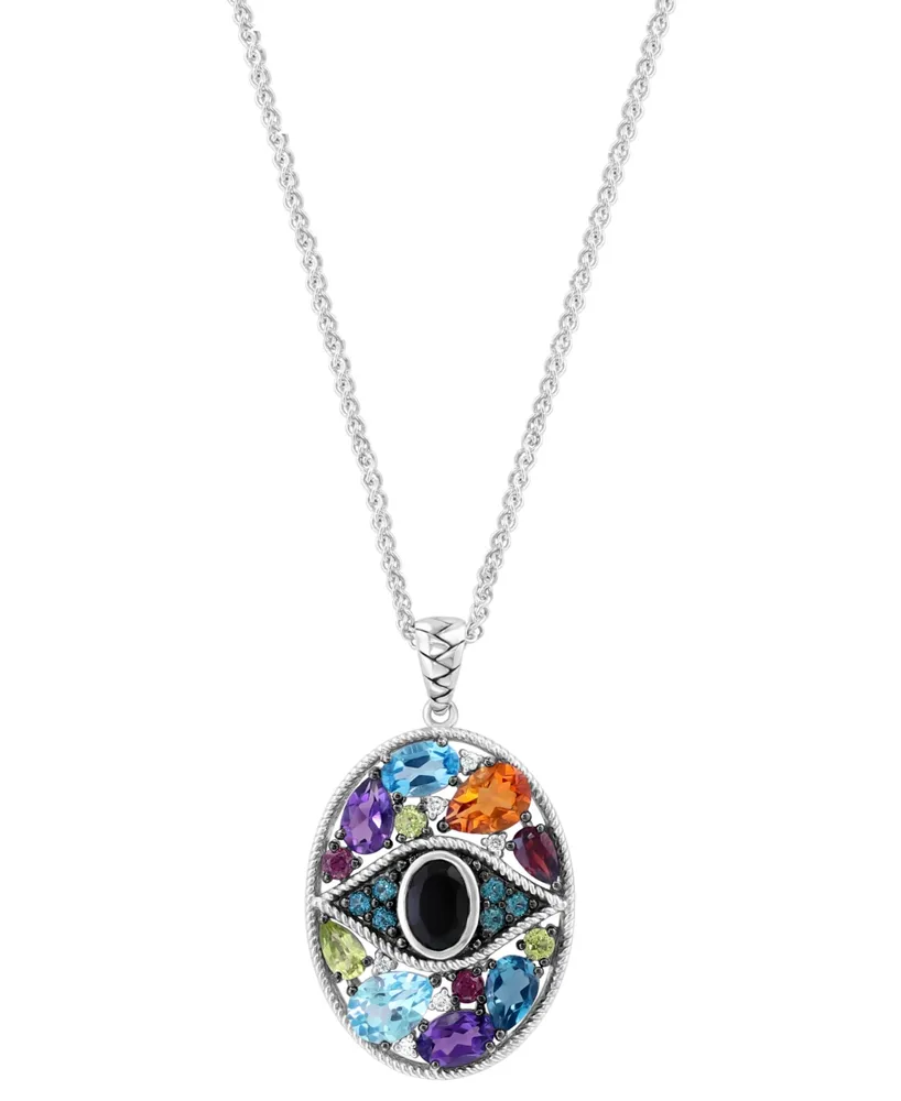 Effy Onyx, Multi-Gemstone (4-5/8 ct. t.w.) & Diamond (1/20 ct. t.w.) Evil Eye Cluster 18" Pendant Necklace in Sterling Silver