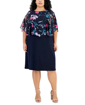 Connected Plus Size Printed Cape-Overlay Sheath Dress