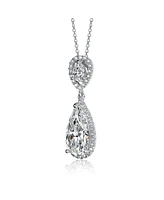 Genevive Sterling Silver with White Gold Plated Two Clear Pear Round Cubic Zirconia Halo Pendant