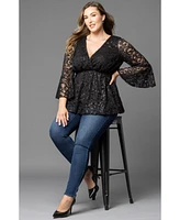 Women's Plus Sequin Sparkle Bell Sleeve Lace Top