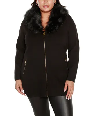 Belldini Black Label Plus Size Faux Fur Collar Cardigan Sweater