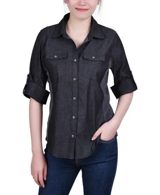 Ny Collection Petite 3/4 Roll Tab Chambray Blouse