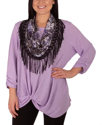 Ny Collection Petite 3/4 Sleeve Top with Scarf