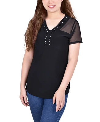 Ny Collection Petite Short Sleeve Studded Top