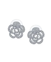 Pave Cz Accent Open Floral Love Rose Flower Stud Earrings For Women Wedding Party Bridesmaids Brides Rhodium Plated Brass 15MM