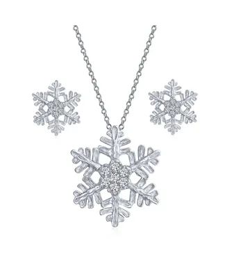 Bling Jewelry Holiday Party Flower Christmas Winter Cubic Zirconia Accent Cz Snowflake Pendant Micro Pave Clear Necklace Earring Set For Women Ster