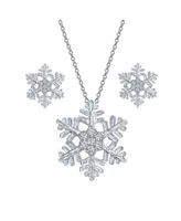 Bling Jewelry Holiday Party Flower Christmas Winter Cubic Zirconia Accent Cz Snowflake Pendant Micro Pave Clear Necklace Earring Set For Women Ster